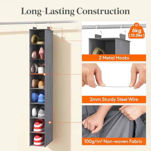 Lifewit 8-Section Hanging Shoe Organizer - Space-Saving Gray Storage