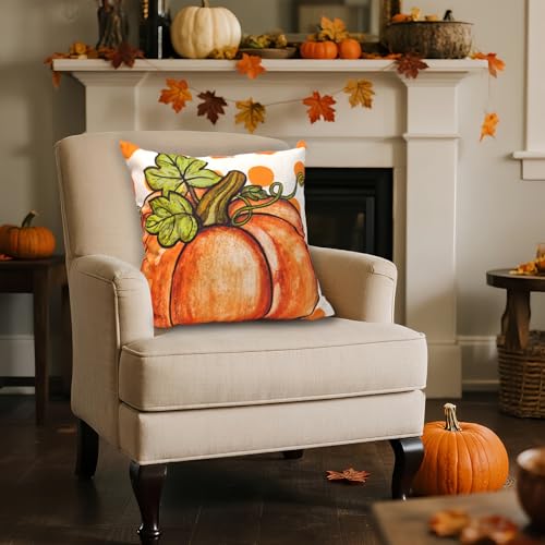 Feivando Fall Pillow Covers, 18x18 Orange Polka Dot Linen Cushion Case Set