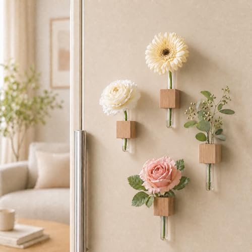 Walnut 4-Piece Magnetic Wooden Vases Set with Test Tubes & Greeting Card