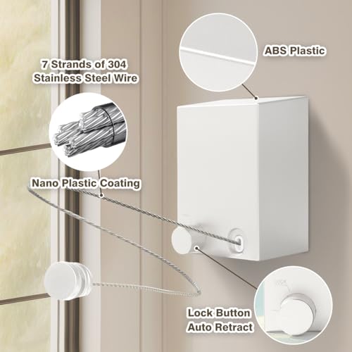 XIOQINE White Retractable Clothesline Indoor & Outdoor Laundry Line, No Sagging