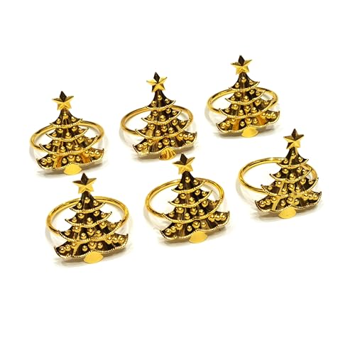 Christmas Tree Napkin Rings Set of 6 - Gold Xmas Tree Holder Buckles - Variation of 6 / Tree - Gold