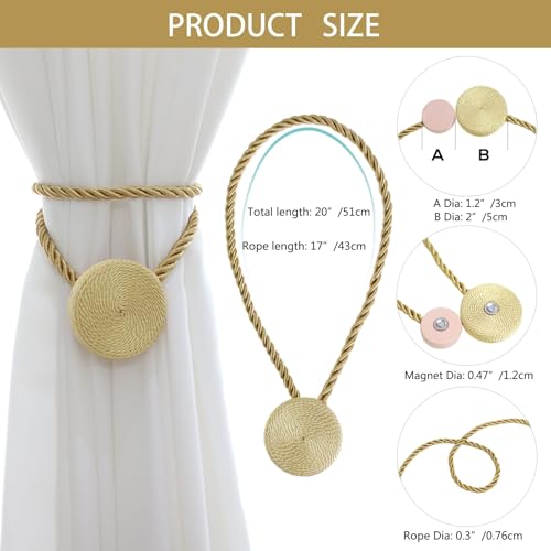 SLIFEOW Gold Magnetic Curtain Tiebacks 12mm Heavy-Duty Rope Holdbacks - No Tools Needed