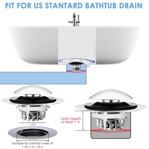 BAOLSLS Chrome Silver Bathtub Drain Stopper with Hair Catcher, 1.45-1.8 inch Fit