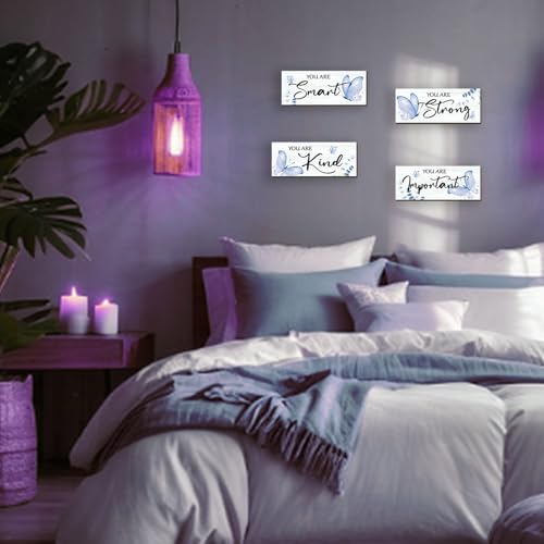 4 Pcs Blue Butterfly Wall Decor, Inspirational Wooden Signs for Bedroom
