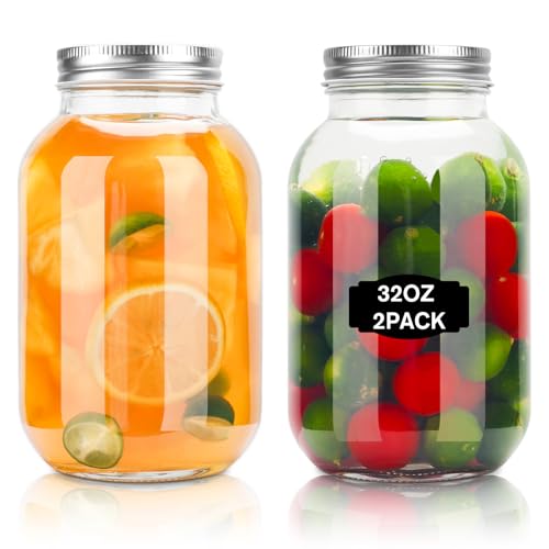 32oz Mason Jars with Lids - 2 Pack Glass Canning Jars for Food Storage
