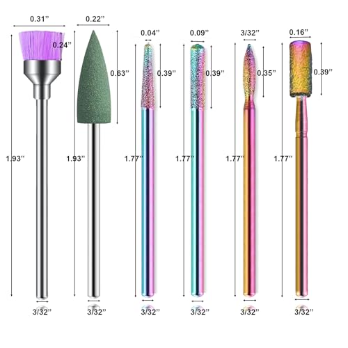 FORTMATE 6pcs 3/32 Inch Diamond Nail Drill Bits Set for Cuticles and Acrylics