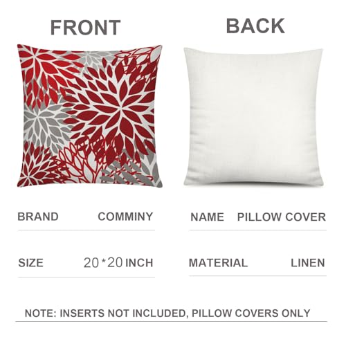 Red Grey Daisy Throw Pillow Covers 20x20 Set of 6 - Farmhouse Home Decor
