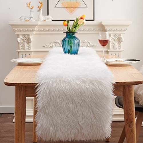 White Faux Fur Table Runner for Dresser or Dining Table - 11.8x70.8 Inch