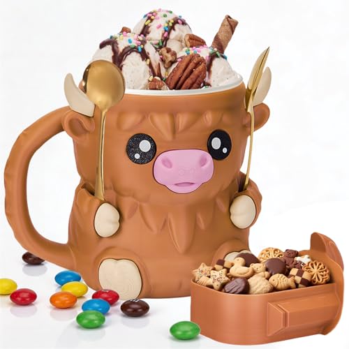Highland Cow Ice Cream Pint Holder with Handle & 2 Spoons