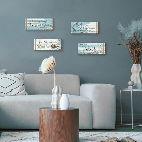 4-Piece Ocean Bible Verse Wall Decor, Rustic Farmhouse Wooden Signs 10x4"