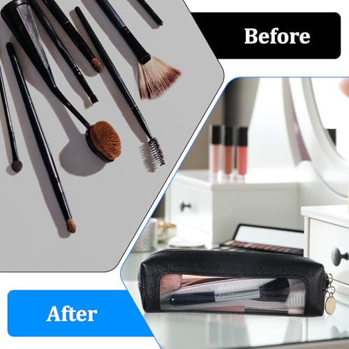 Clear Makeup Brush Bag - Small PU Leather Travel Cosmetic Pouch Black