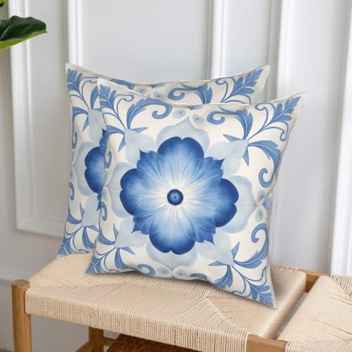 Elegant Blue Floral Throw Pillow Covers - 18x18 Inch Set of 2