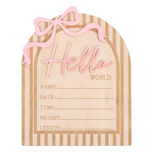 Hello World Newborn Announcement Sign with Pink Bow - Wooden Baby Keepsake