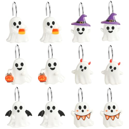 BOARDFEB Halloween Shower Curtain Hooks, White Ghost Set - 12 Pcs
