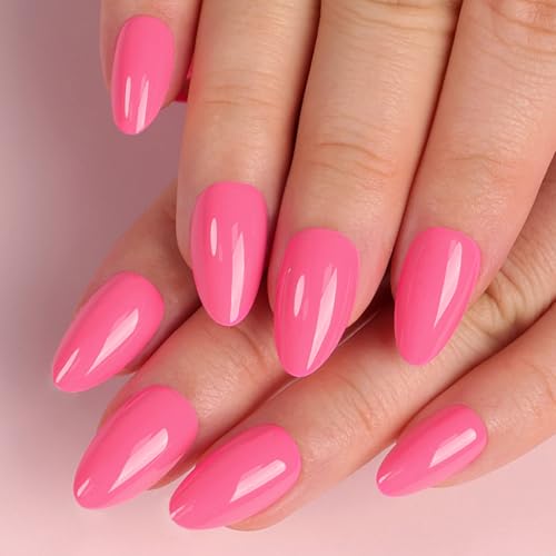 Artquee Hot Pink Short Almond Press on Nails Kit - 32 Pcs Glossy Reusable False Nails