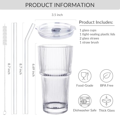Puraville 20oz Ribbed Glass Cup with Lid and 2 Straws - 1 Pack