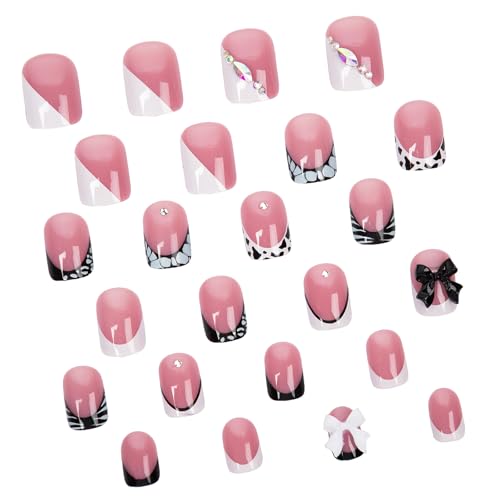 Black and White French Press on Nails Short Square with Rhinestones Bow