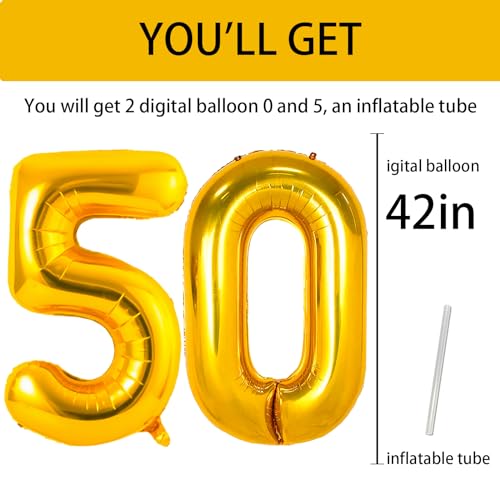 42 Inch Gold Number 50 Foil Balloon - Large 50th Birthday Party Decoration