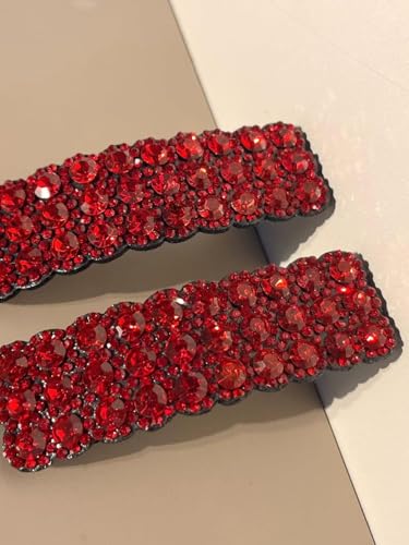 Red Rhinestone Hair Barrettes Snap Clips - 2Pcs Korean Hair Accessories