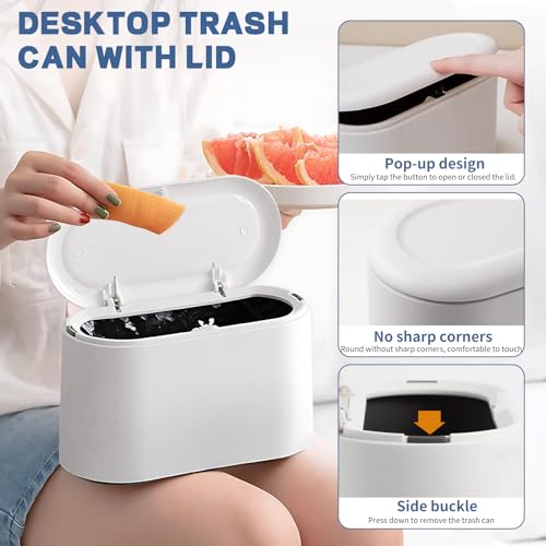LTWQLing Mini Trash Can with Lid - Pop-Up Desktop Garbage Bin (White)