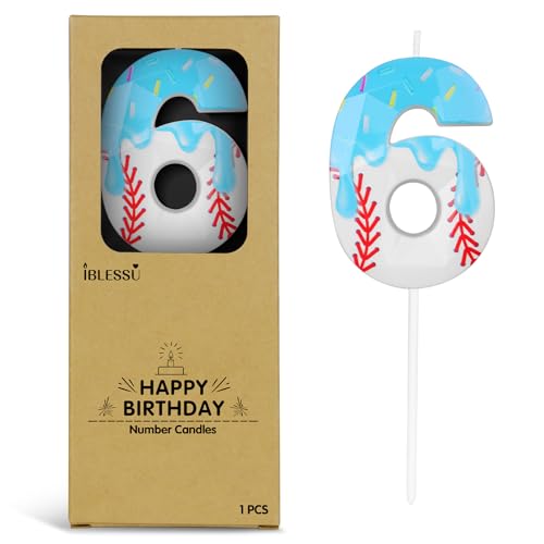 Blue Baseball Ice Cream Drip Birthday Candle - Number 6 Topper