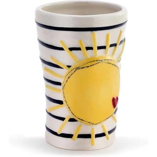 DEMDACO Bright and Cheery Sun and Stripes Sunshine Yellow on Black and White Backdrop 16 Ounce Ceramic Stoneware Coffee Cup Mug