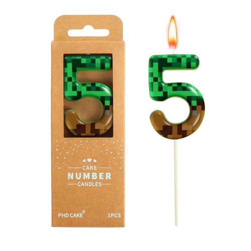 PHD CAKE 2.76 Inch Number 5 Pixel Miner Birthday Candle - Green, Party Celebration