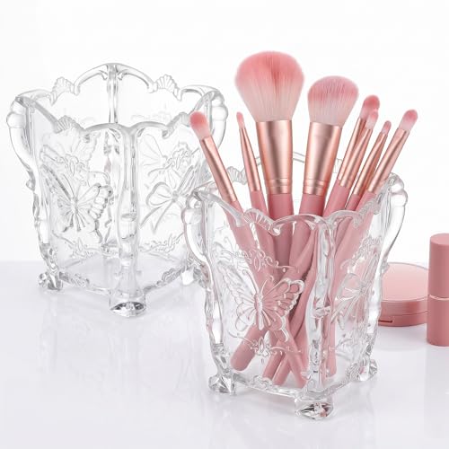 VALICLUD Acrylic Makeup Brush Holder, Transparent Butterfly Carved Cup
