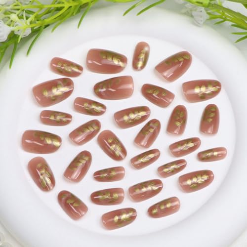TUZANDW Cat Eye Press on Nails Short Oval Nude Pink 24Pcs