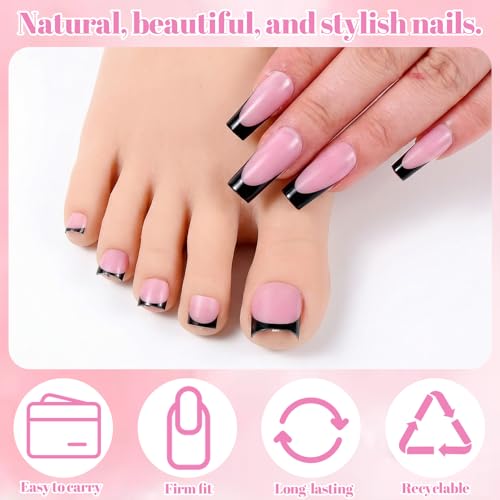 Styquenzer Black French Tip Press on Nails 60 PCS Short Square False Nail Kit