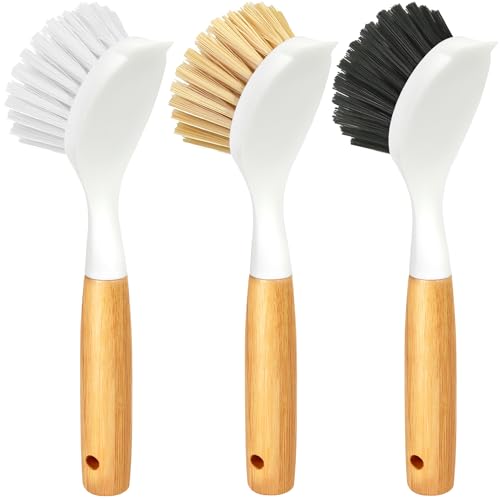 Holikme Bamboo Handle Dish Brush Set - 3 Pack Kitchen Scrubbers