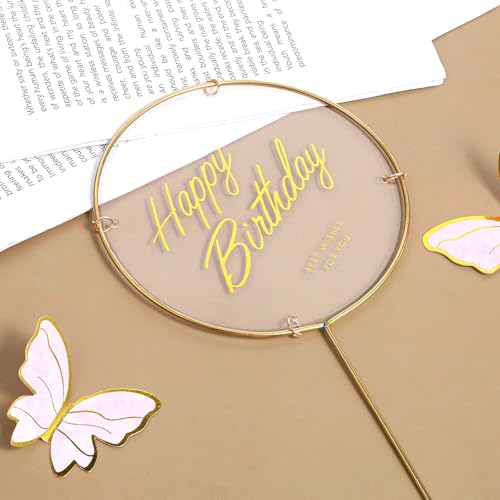 Butterfly Cake Toppers Set - 10 Pink Decorations with Gold Happy Birthday Topper