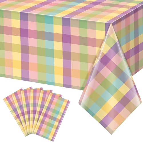 6 Pack Easter Buffalo Plaid Tablecloths - 54x108 Inches, Purple Green Yellow