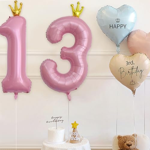 40 Inch Number 13 Pink Crown Foil Balloon Set for 13th Birthday Party