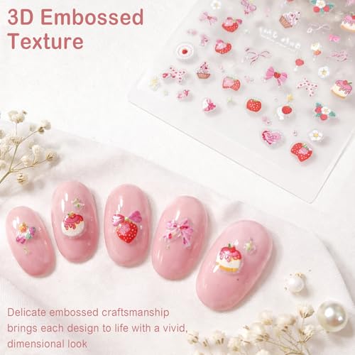 3D Embossed Pink Nail Art Stickers - Cute Cake, Strawberry & Bow Decals