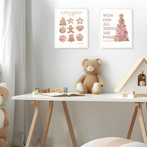 Pink Christmas Gingerbread House Wall Art Set - 8x10in Unframed, Bible Verse Variant