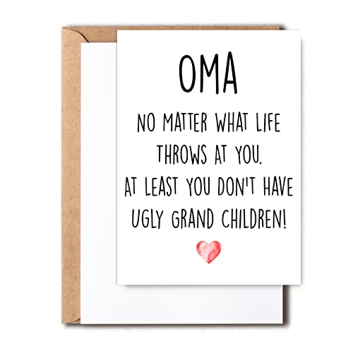 Funny Oma Birthday Card – No Ugly Grandchildren Joke, 5x7