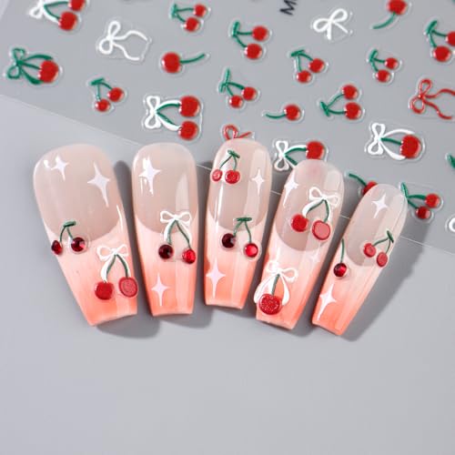 Cherry Nail Art Stickers 2 Sheets Cute Red Bow Self-Adhesive Decals