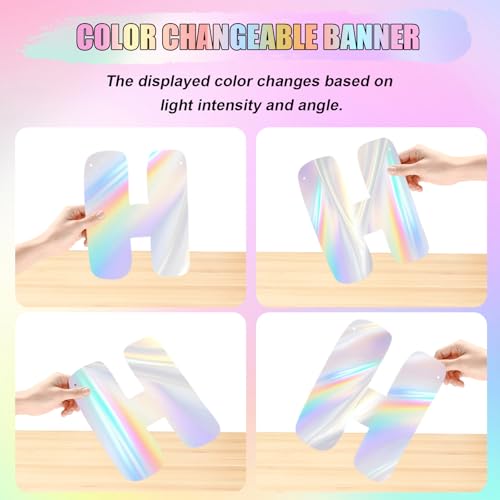Elantales Holographic Rainbow Happy Birthday Banner Pre-Strung Sign