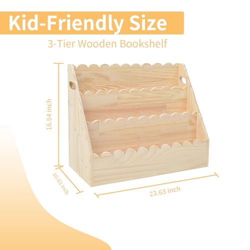 OCMML Kids Bookshelf 3-Tier, Solid Wood Bookcase & Montessori Book Display Rack, Open Front Facing Bookshelves for Toddlers, Children's Room, Nursery, Bedroom, Playroom Organizer (Large)