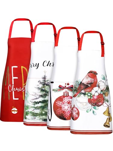 Christmas Aprons for Women with Pockets - Red & White Holiday Kitchen Wear - 4 Pack