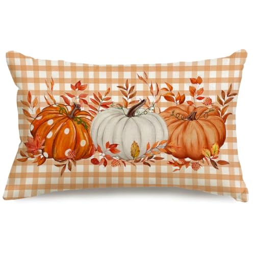 Fall Pillow Cover 12x20 Inch Orange Pumpkin Buffalo Plaid - ARGOOFG