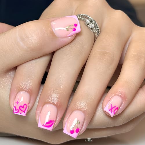 Short Square Press on Nails Valentine French Tip Acrylic False Nails