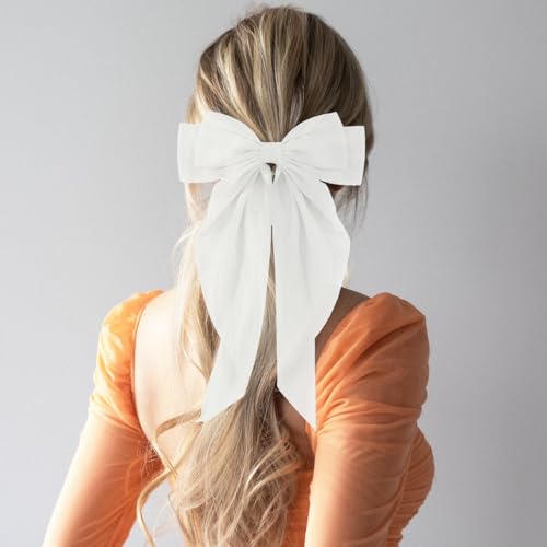 Big Satin Hair Bows with Barrettes Clips, 3-Pack Long Tail Bows