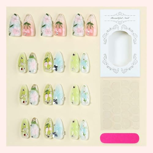 Spring Floral Press On Nails Medium Almond Butterfly Rhinestones