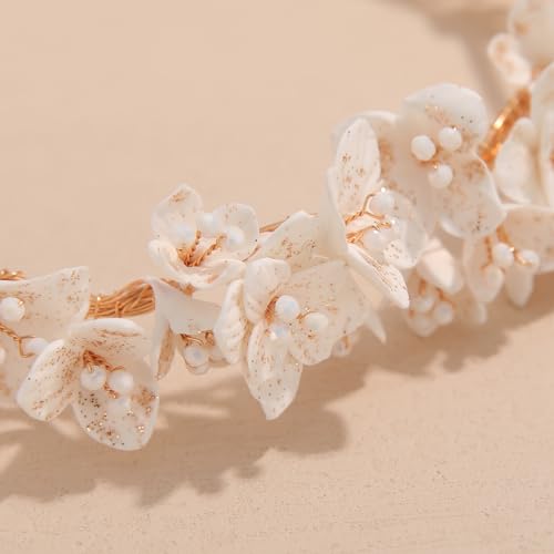SELFCLOUD Handmade Resin Clay Flower Bridal Headband Gold Wedding Headpiece