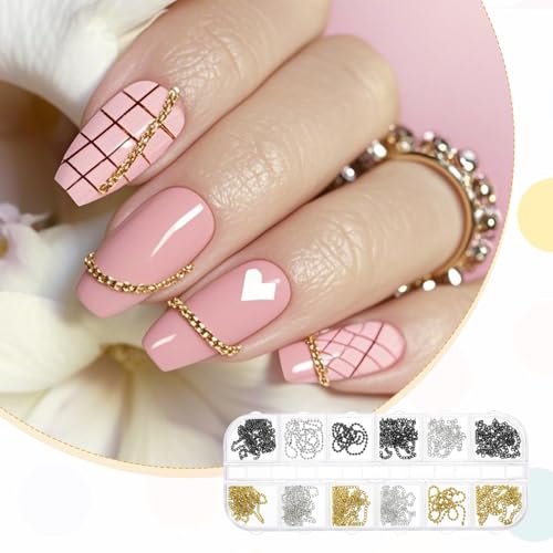 Metal Nail Art Chains 12 Pcs 3D Gold Silver Gray Nail Charms with Box