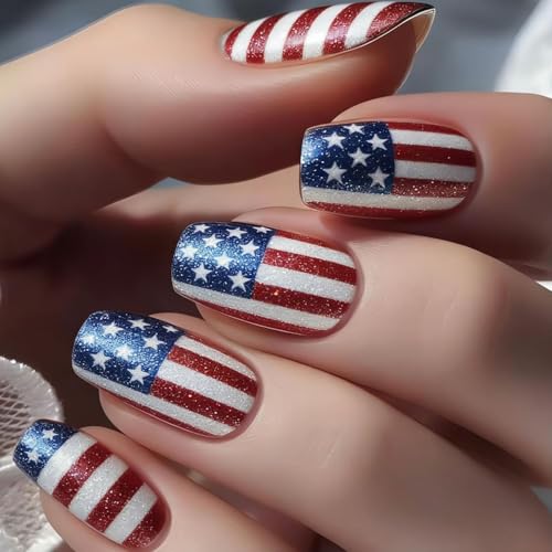 USA Flag Press on Nails Medium Square French Glossy Fake Nails 24Pcs