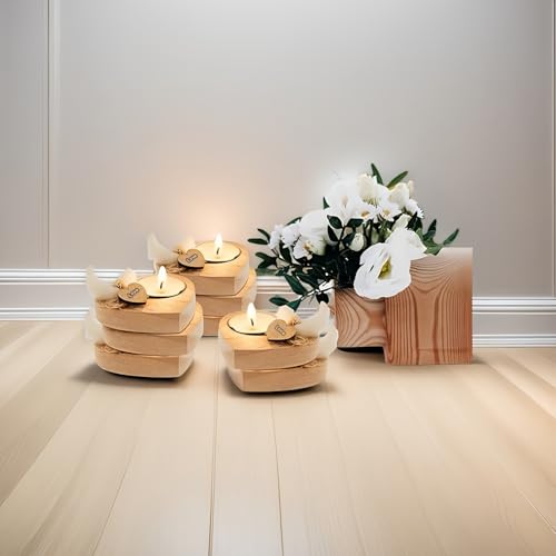 Handmade Heart-Shaped Wooden Candle Holder Set with White Feather