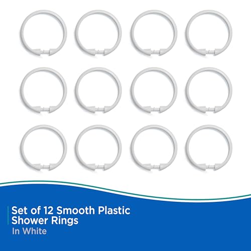 Kenney White Rust-Proof Plastic Shower Curtain Rings - Set of 12, Easy Snap Closure, Fits Standard Shower Rods, Bathroom Use
